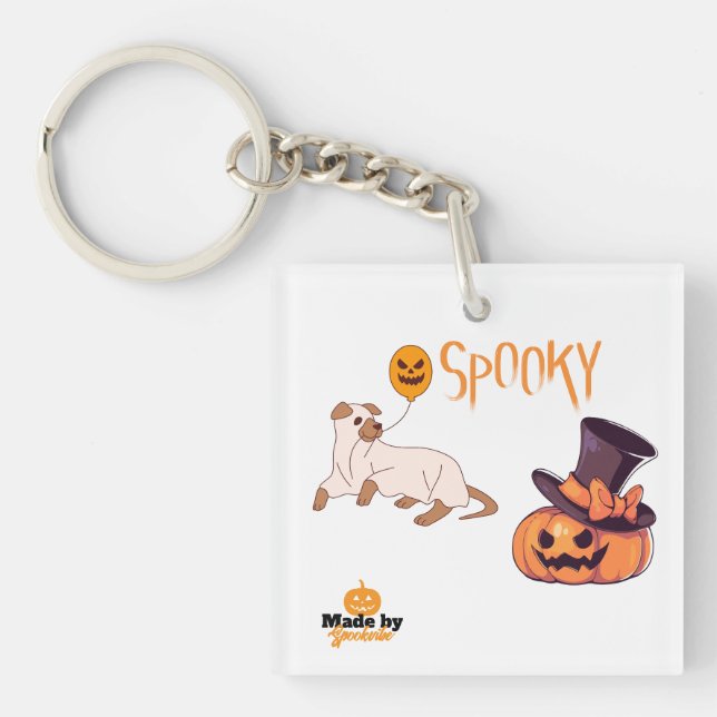 Cute Spooky Dog Ghost & Pumpkin Halloween Design – Key Ring (Front)