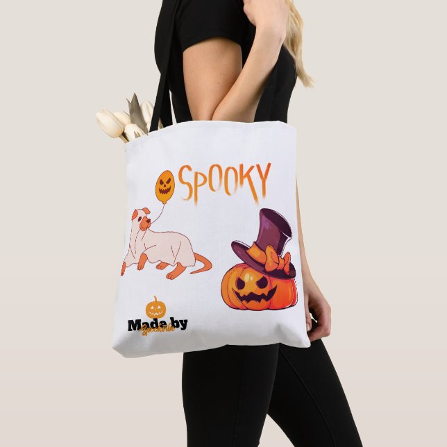 Cute Spooky Dog Ghost & Pumpkin Halloween Design – Tote Bag (Close Up)