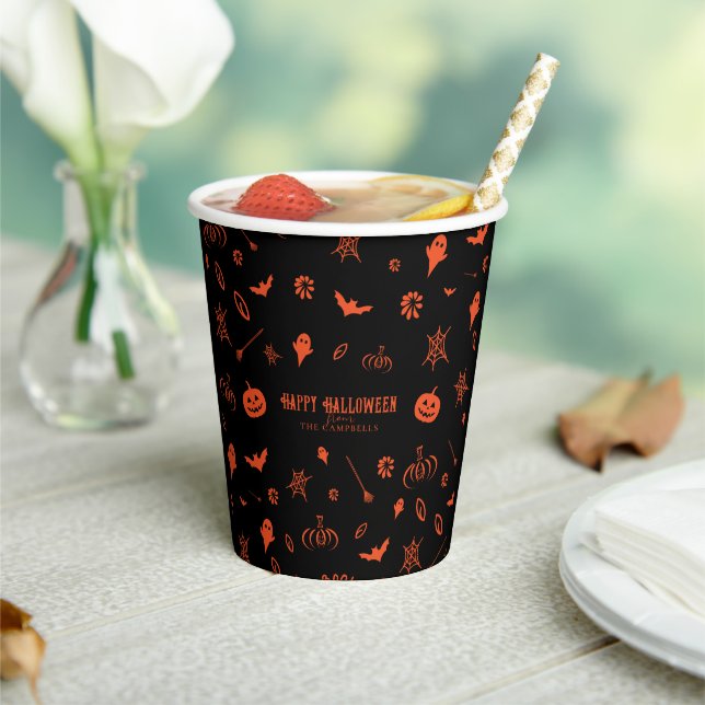 Cute Spooky Ghost Black Orange Halloween Paper Cups (Insitu)
