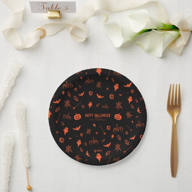 Cute Spooky Ghost Black Orange Halloween Paper Plate (Wedding)