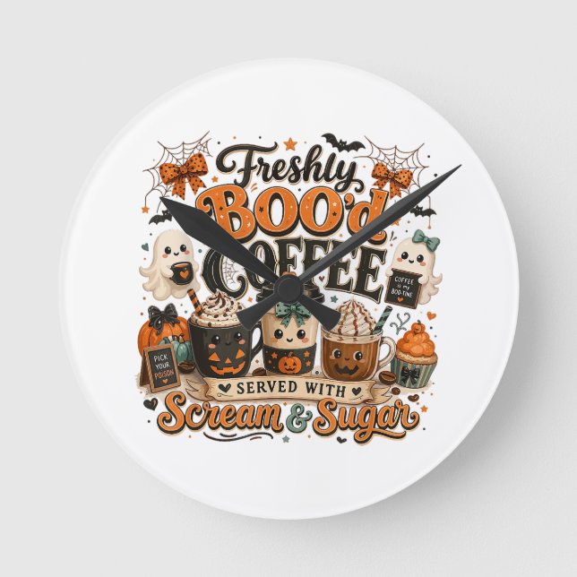 Cute Spooky Ghost Coffee Lover Halloween Round Clock (Front)
