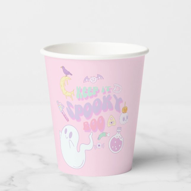 Cute Spooky Ghost & Gang Pastel Halloween Paper Cups (Front)