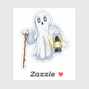 Cute Spooky Ghost with Lantern and Wooden Cane