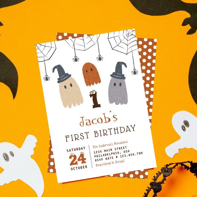 Cute Spooky Ghosts and Spiders First Birthday Invi Invitation (Creator Uploaded)