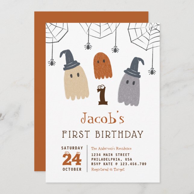 Cute Spooky Ghosts and Spiders First Birthday Invitation (Front/Back)