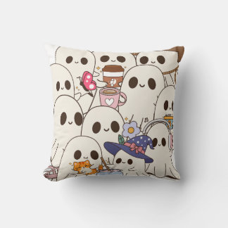 Cute Spooky Ghosts Coffee & Cat Autumn Cushion