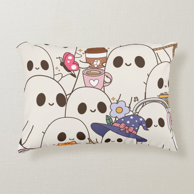 Cute Spooky Ghosts Coffee & Cat Autumn Decorative Cushion (Front)