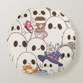 Cute Spooky Ghosts Coffee & Cat Autumn Round Cushion