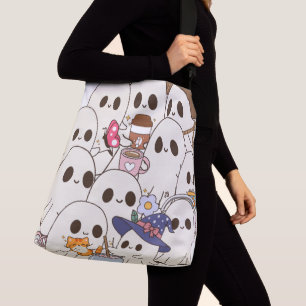 Cute Spooky Ghosts Coffee & Cat Autumn Tote Bag