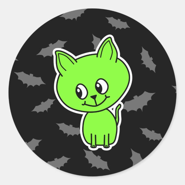 Cute Spooky Green Cat with Bats. Classic Round Sticker (Front)