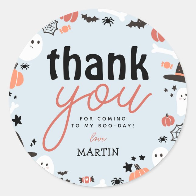 Cute Spooky Halloween 1st Birthday Thank You Blue Classic Round Sticker (Front)