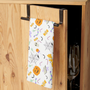 Cute Spooky Halloween Candy and Pumpkins Seamless Tea Towel