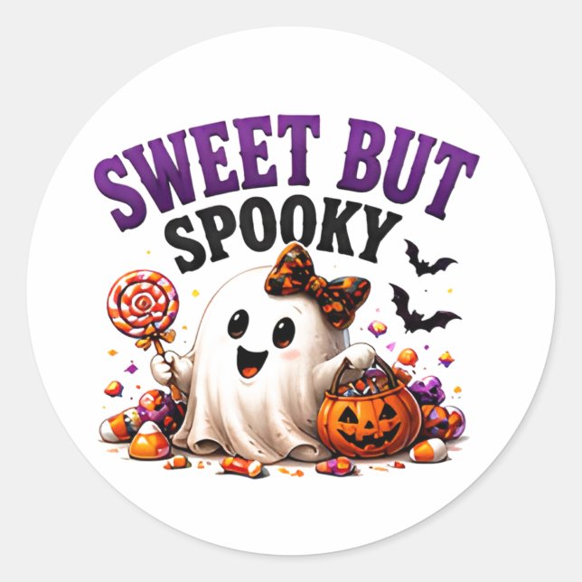 👻 Cute Spooky Halloween Candy Saying 🍭 Classic Round Sticker (Front)