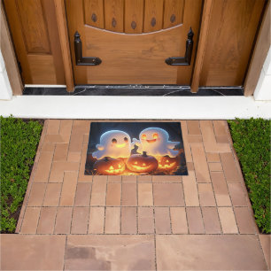 Cute Spooky Halloween Cartoon Ghosts Glowing Pumpk Doormat