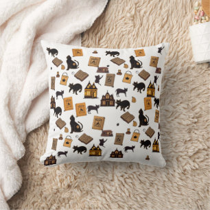 Cute Spooky Halloween Cats & Haunted House Pattern Cushion