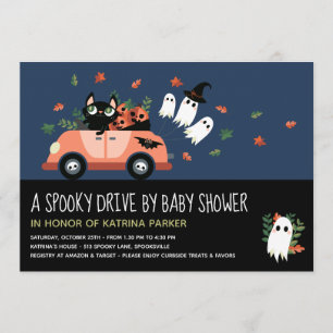Cute Spooky Halloween Drive By Blue Baby Shower Invitation