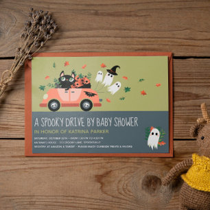 Cute Spooky Halloween Drive By Green Baby Shower Invitation