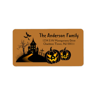 Cute Spooky Halloween Haunted House & Bats Label