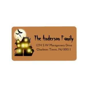 Cute Spooky Halloween Moon Haunted House & Bats Label