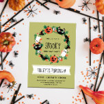 Cute Spooky Halloween Wreath Green Kids Birthday Invitation<br><div class="desc">Cute Halloween birthday party invitation with a spooky Halloween wreath with pumpkins,  cats,  ghosts,  skulls,  toadstools,  bats,  and autumn leaves against a green background.</div>