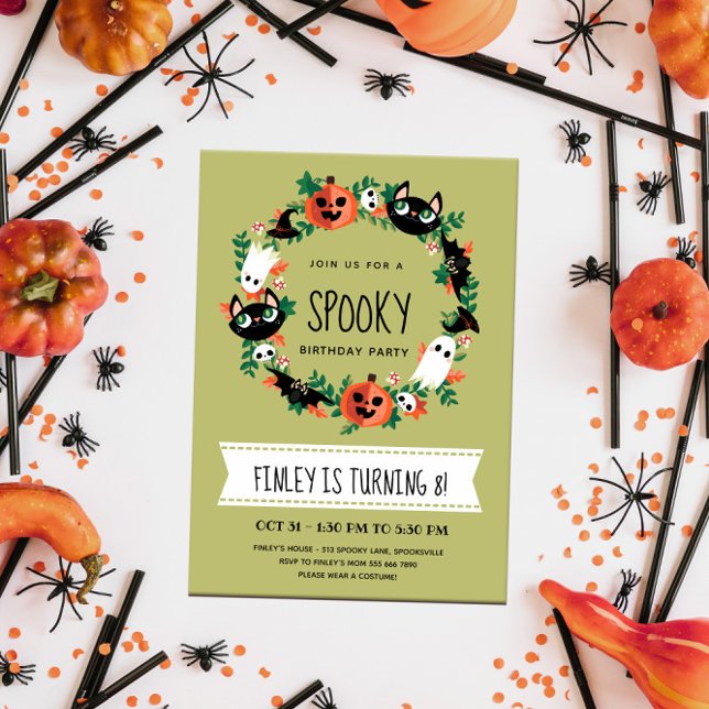 Cute Spooky Halloween Wreath Green Kids Birthday Invitation (Creator Uploaded)