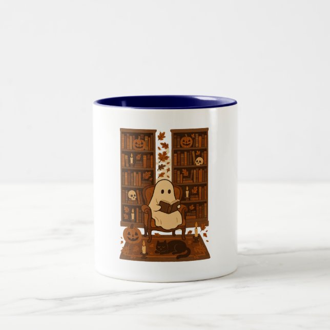Cute Spooky Library, Autumn Reading Ghost, Two-Tone Coffee Mug (Center)