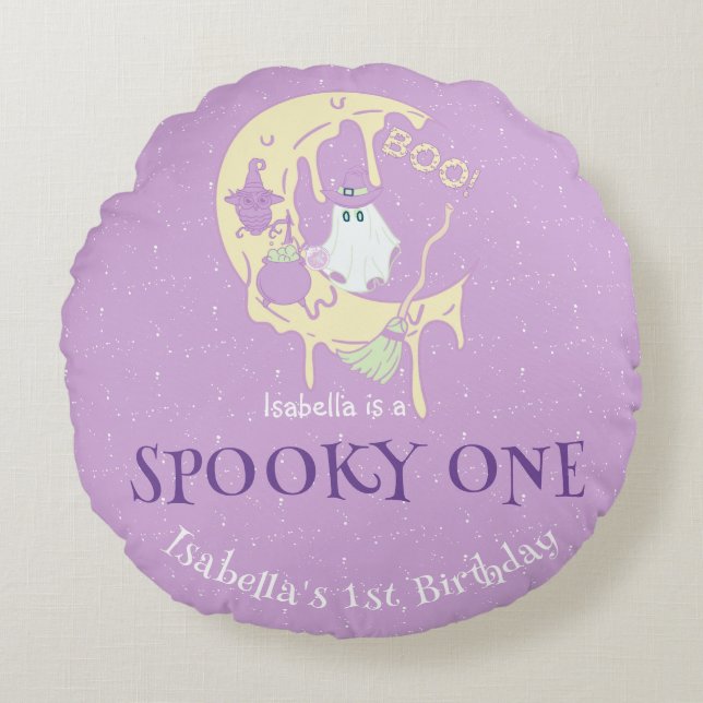 Cute Spooky One 1st Birthday Baby Girl Halloween Round Cushion (Front)