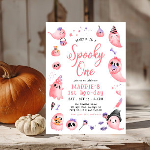 Cute Spooky One Pink Halloween Ghost 1st Birthday Invitation