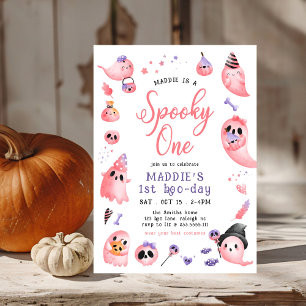 Cute Spooky One Pink Halloween Ghost 1st Birthday Invitation