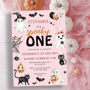 Cute Spooky One Pink Halloween Girl 1st Birthday Invitation