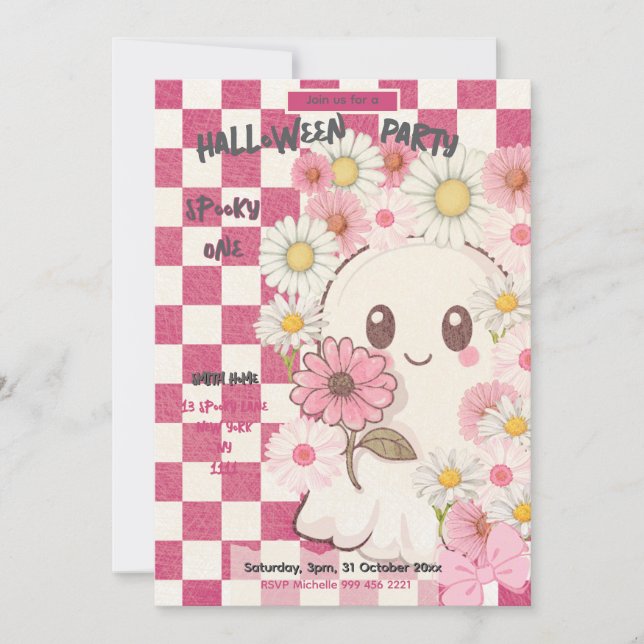 Cute Spooky Pink Daisy Halloween Party Invitation (Front)