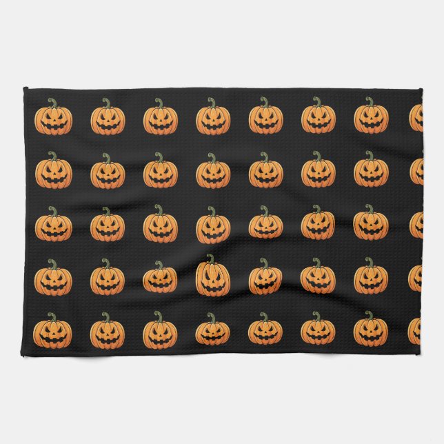 Cute Spooky Pumpkin Pattern Black Halloween Tea Towel (Horizontal)