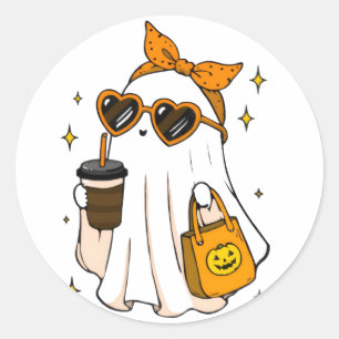 Cute Spooky Season Ghost with Iced Coffee & Heart Classic Round Sticker