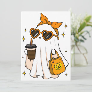 Cute Spooky Season Ghost with Iced Coffee & Heart Invitation