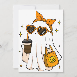 Cute Spooky Season Ghost with Iced Coffee & Heart Invitation