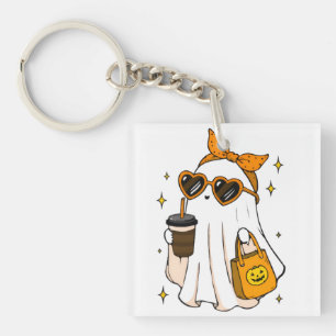 Cute Spooky Season Ghost with Iced Coffee & Heart Key Ring