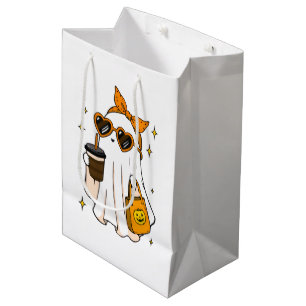 Cute Spooky Season Ghost with Iced Coffee & Heart Medium Gift Bag