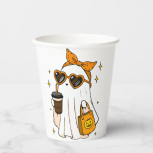 Cute Spooky Season Ghost with Iced Coffee & Heart  Paper Cups