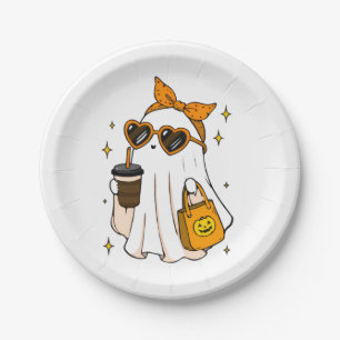 Cute Spooky Season Ghost with Iced Coffee & Heart Paper Plate