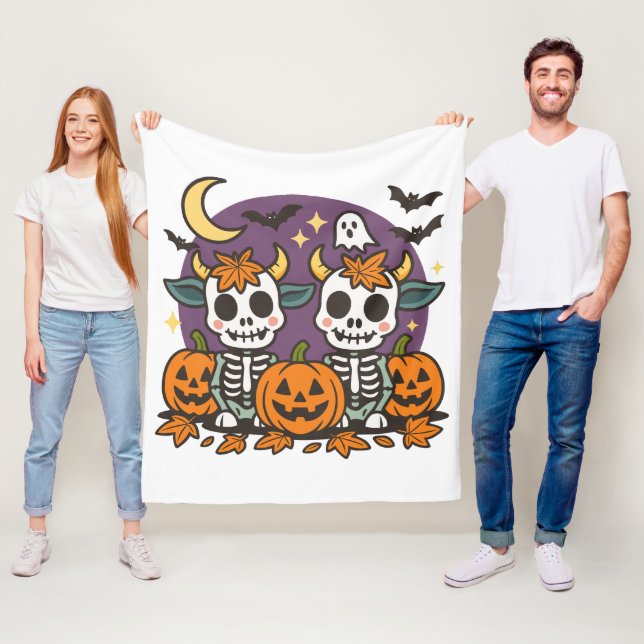 Cute Spooky Skeleton Cows Fleece Blanket (In Situ)