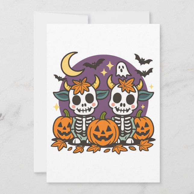 Cute Spooky Skeleton Cows with Pumpkins Invitation (Front)