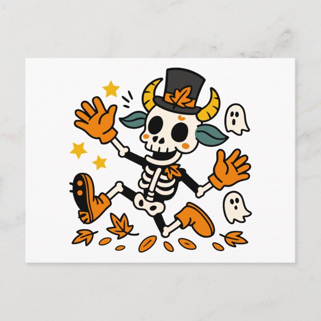 Cute Spooky Skeleton Goat with Top Hat Postcard (Front)
