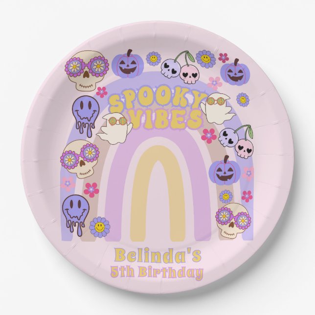 Cute Spooky Vibes Groovy Ghost Halloween Birthday Paper Plate (Front)
