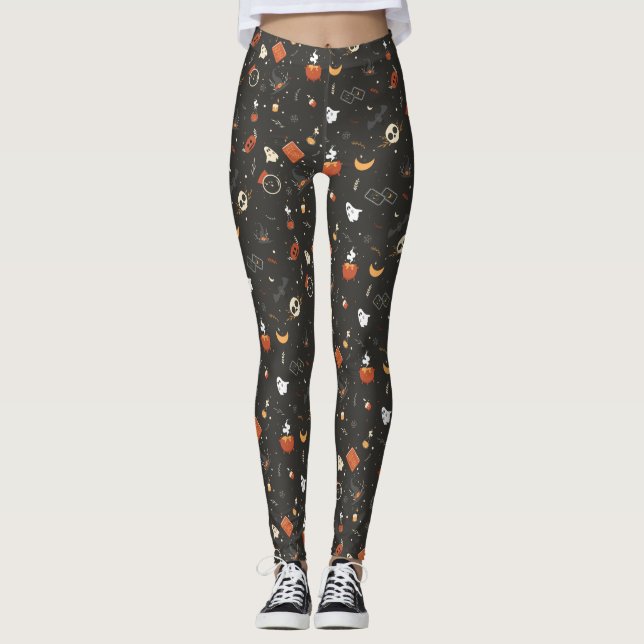 Cute Spooky Whimsical Halloween Pattern Background Leggings (Front)