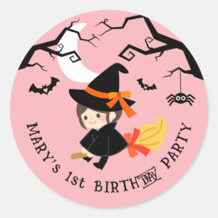 Cute& Spooky Witch Pink Halloween Birthday Party Classic Round Sticker