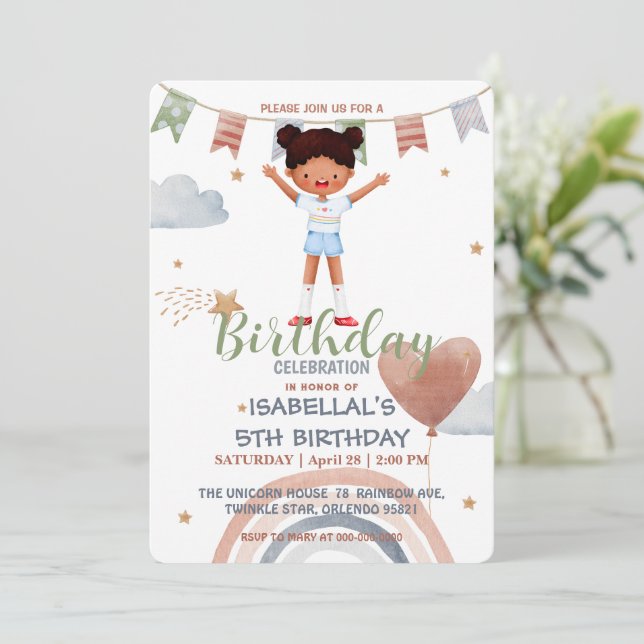 Cute sport afro Balloon Birthday girls party Invitation (Standing Front)