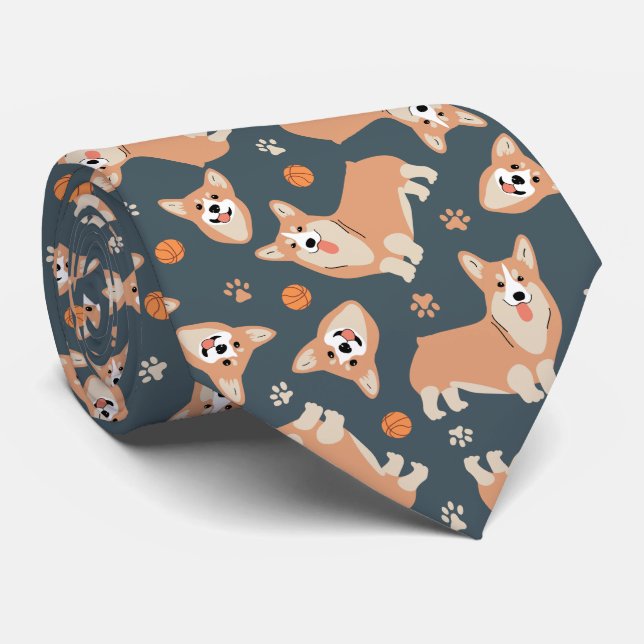 Cute Sport Corgi Pattern Tie (Rolled)