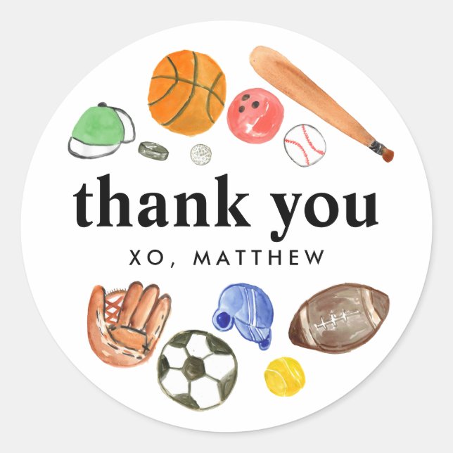 Cute Sports Balls Kid Boy Birthday Thank You Favou Classic Round Sticker (Front)