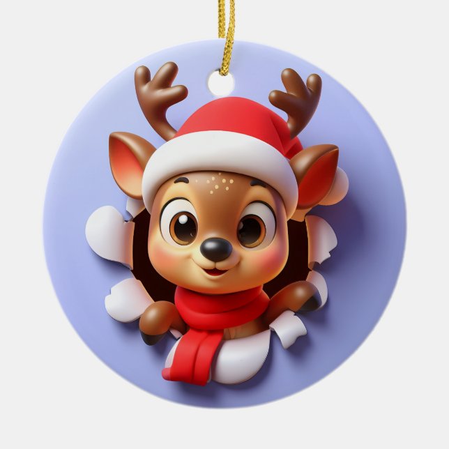 Cute Spotted Santa's Reindeer Bursting Through  Ceramic Tree Decoration (Front)