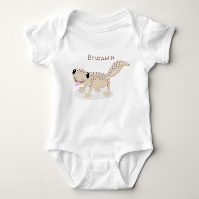 Cute spotted tan gecko cartoon illustration baby bodysuit (Front)